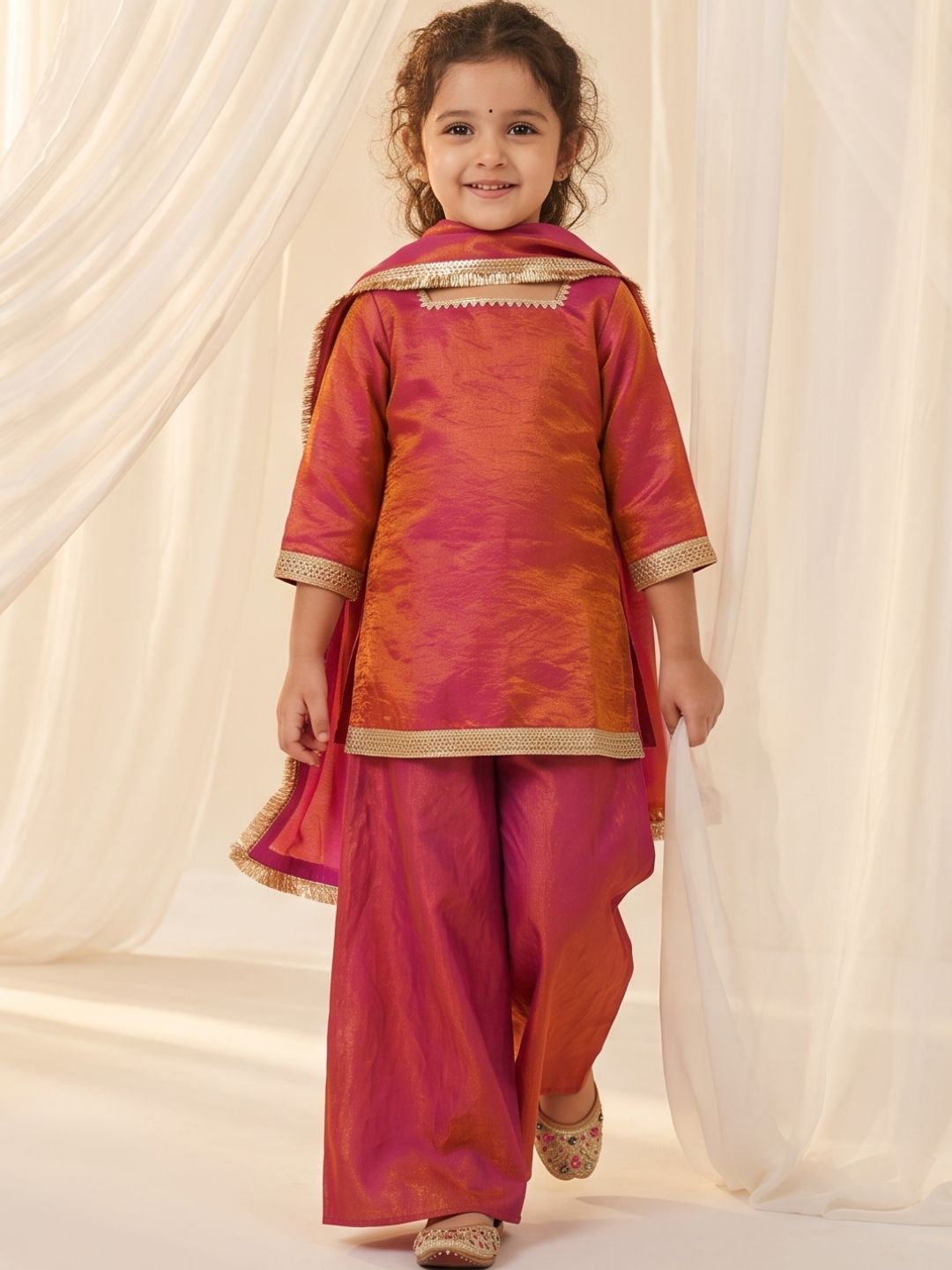 Red Two toned with Lace Work Silk blend Kurti Gharara and Dupatta For Girls