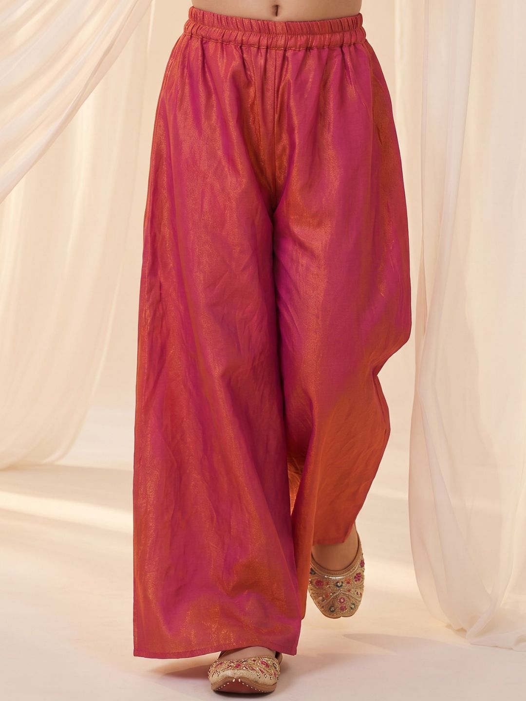 Red Two toned with Lace Work Silk blend Kurti Gharara and Dupatta For Girls