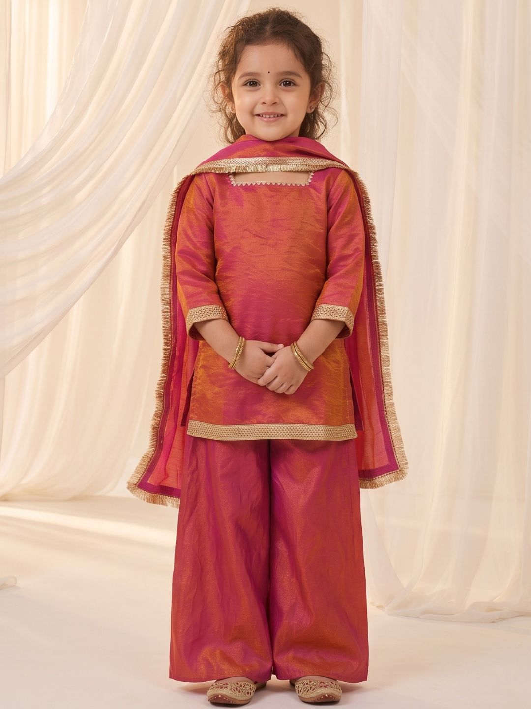 Red Two toned with Lace Work Silk blend Kurti Gharara and Dupatta For Girls