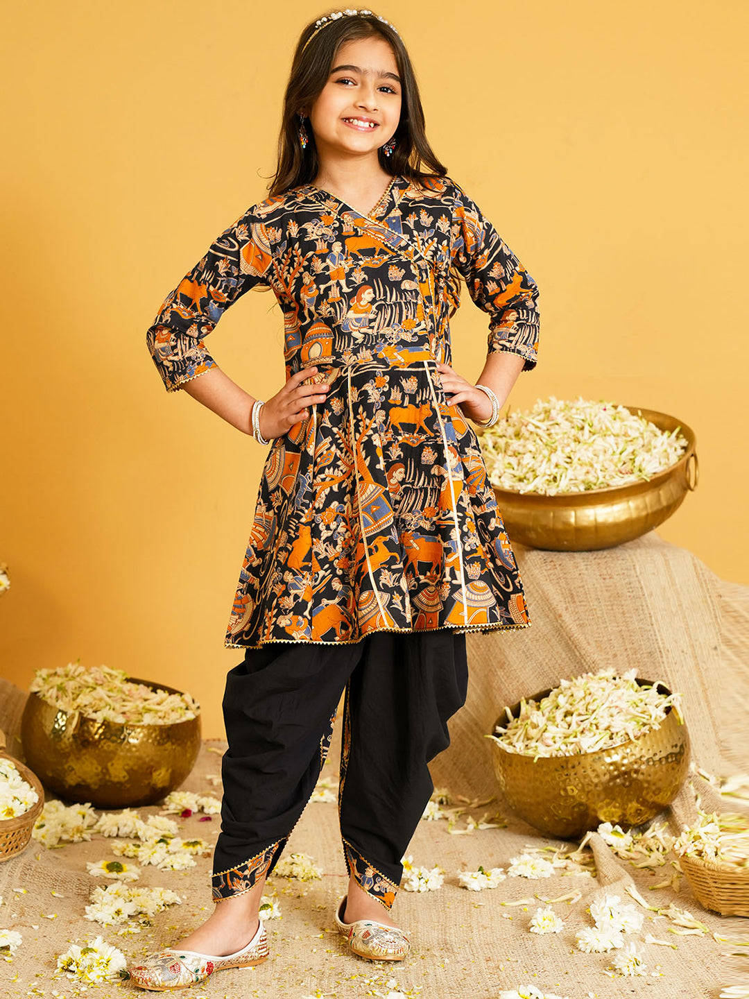 Black Printed and Lace Work Pure Cotton Kurti and Dhoti For Kids Girls