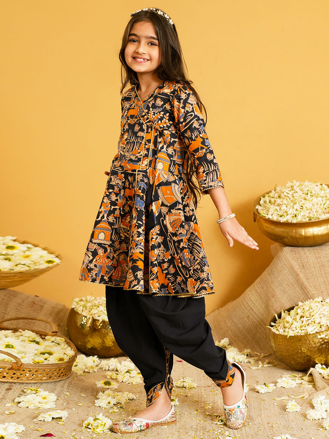 Black Printed and Lace Work Pure Cotton Kurti and Dhoti For Kids Girls