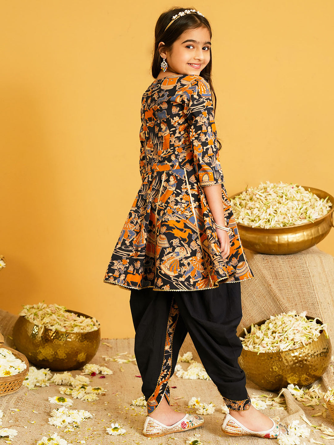 Black Printed and Lace Work Pure Cotton Kurti and Dhoti For Kids Girls