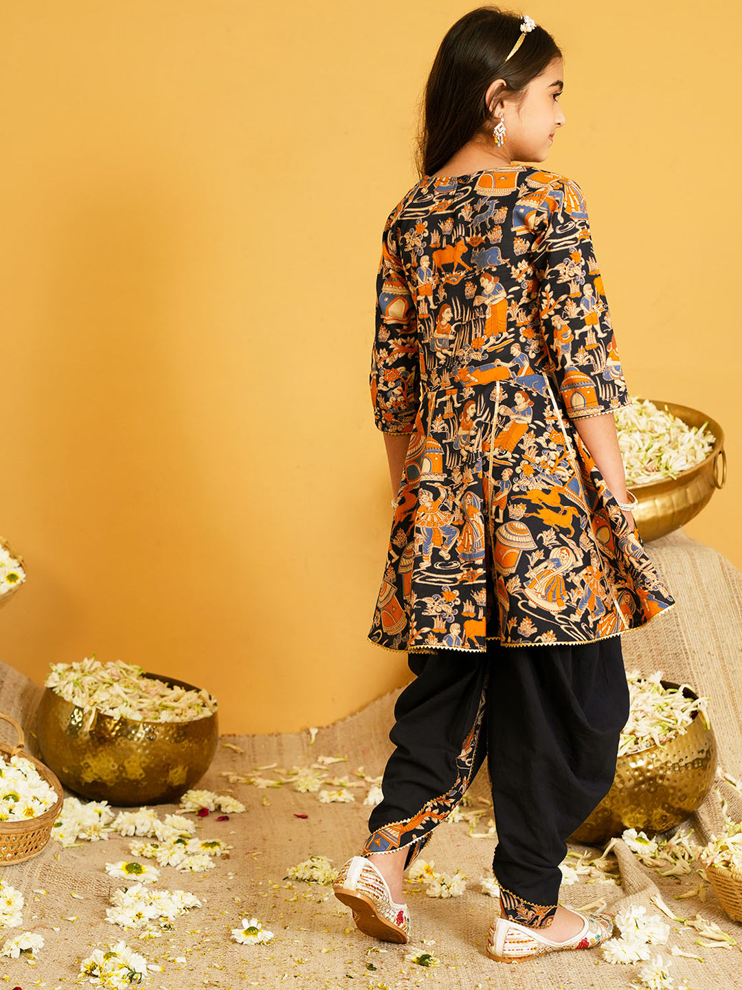 Black Printed and Lace Work Pure Cotton Kurti and Dhoti For Kids Girls