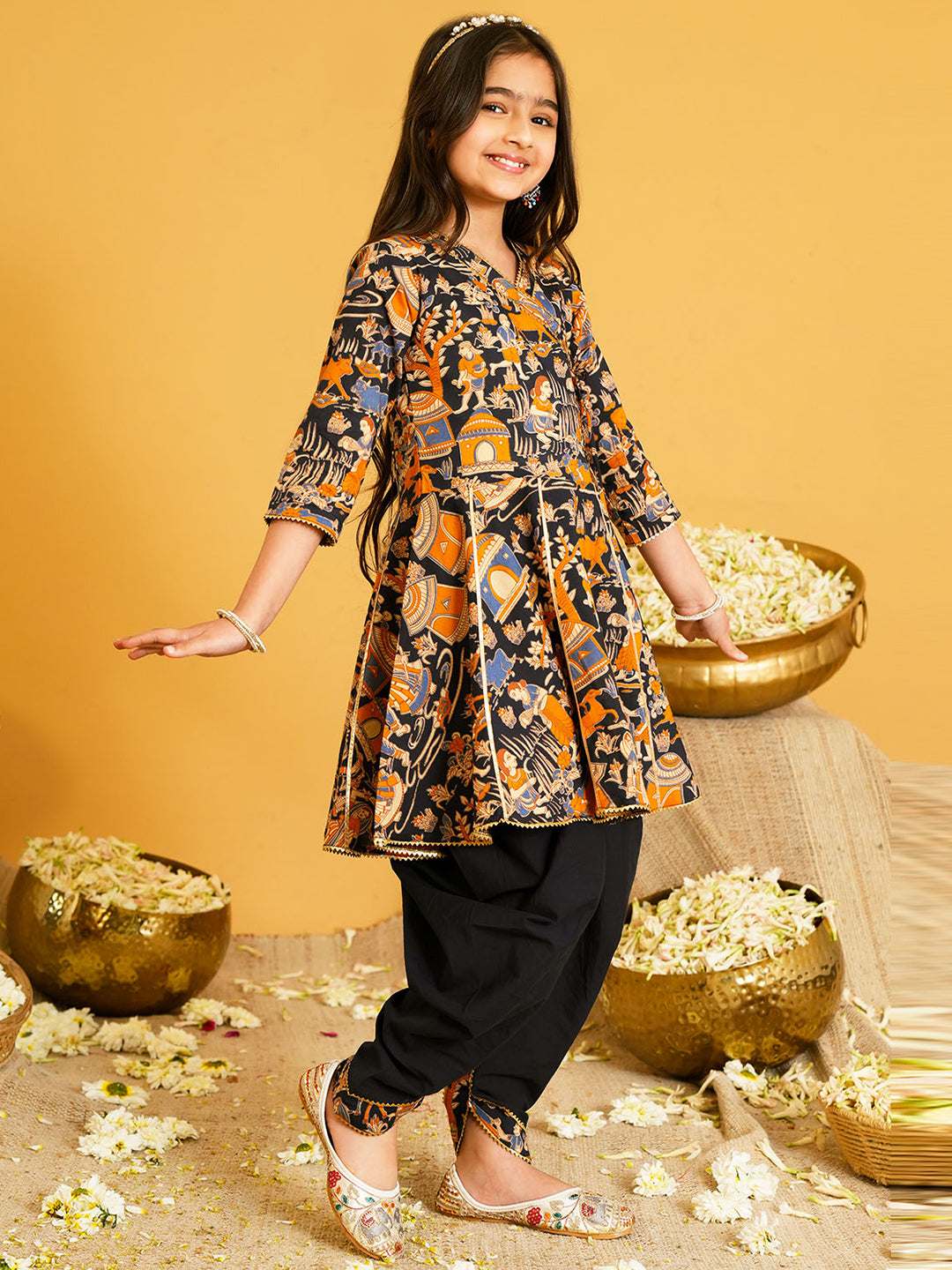 Black Printed and Lace Work Pure Cotton Kurti and Dhoti For Kids Girls