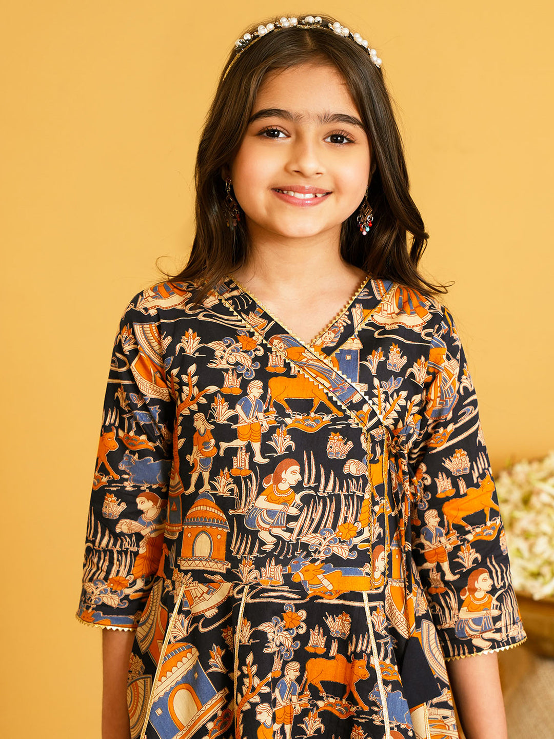 Black Printed and Lace Work Pure Cotton Kurti and Dhoti For Kids Girls