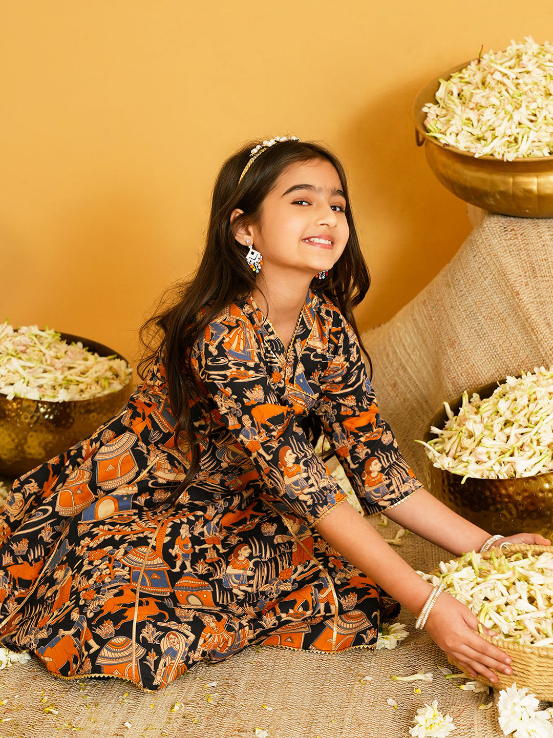 Black Printed and Lace Work Pure Cotton Kurti and Dhoti For Kids Girls