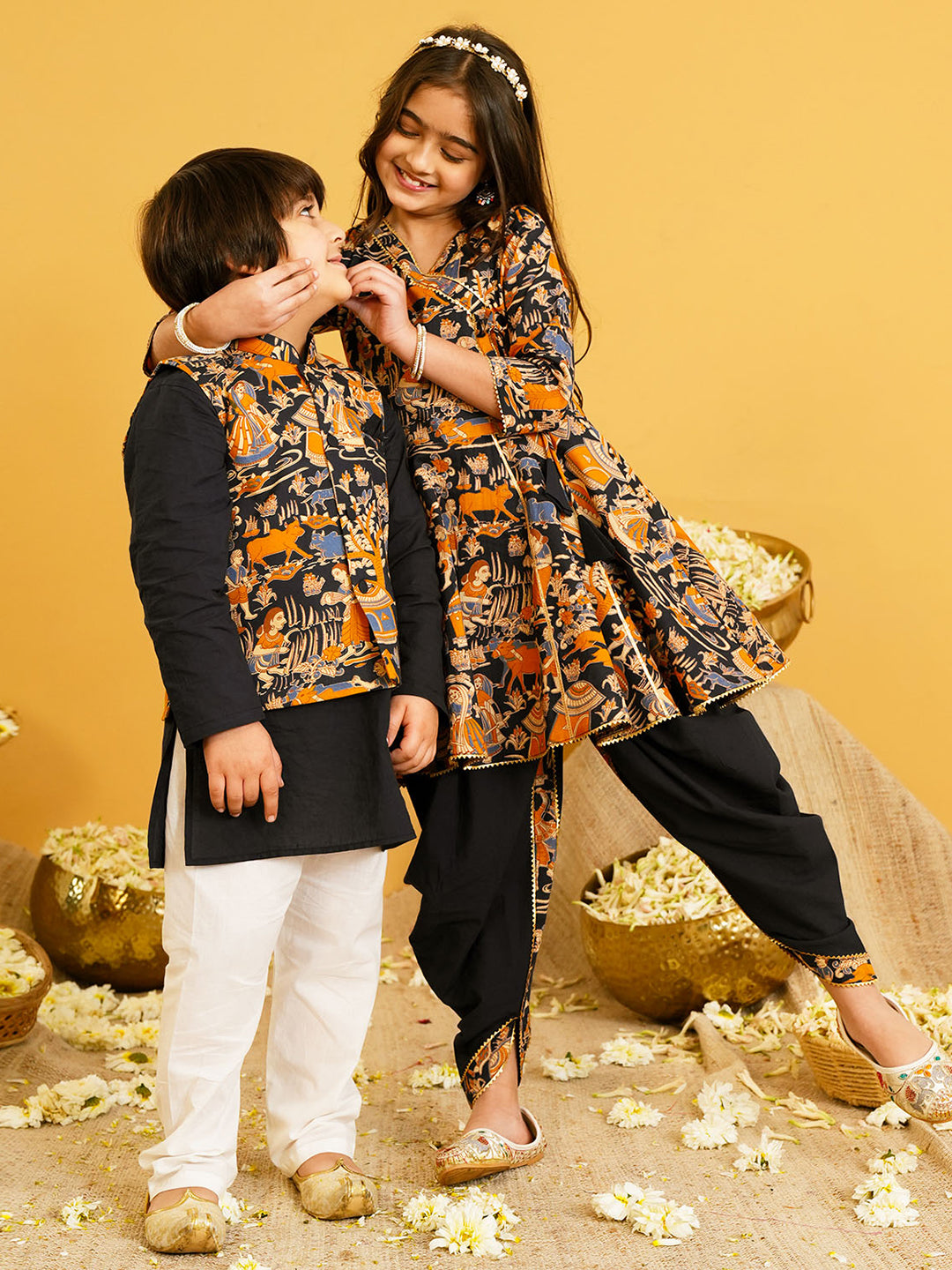 Black Printed and Lace Work Pure Cotton Kurti and Dhoti For Kids Girls