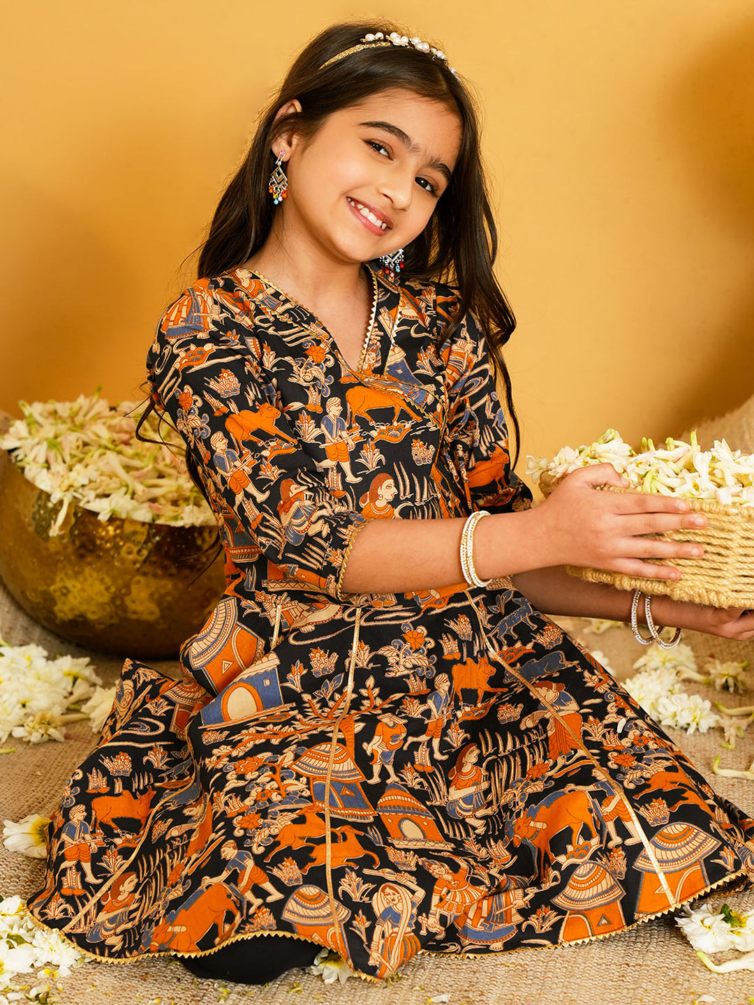 Black Printed and Lace Work Pure Cotton Kurti and Dhoti For Kids Girls