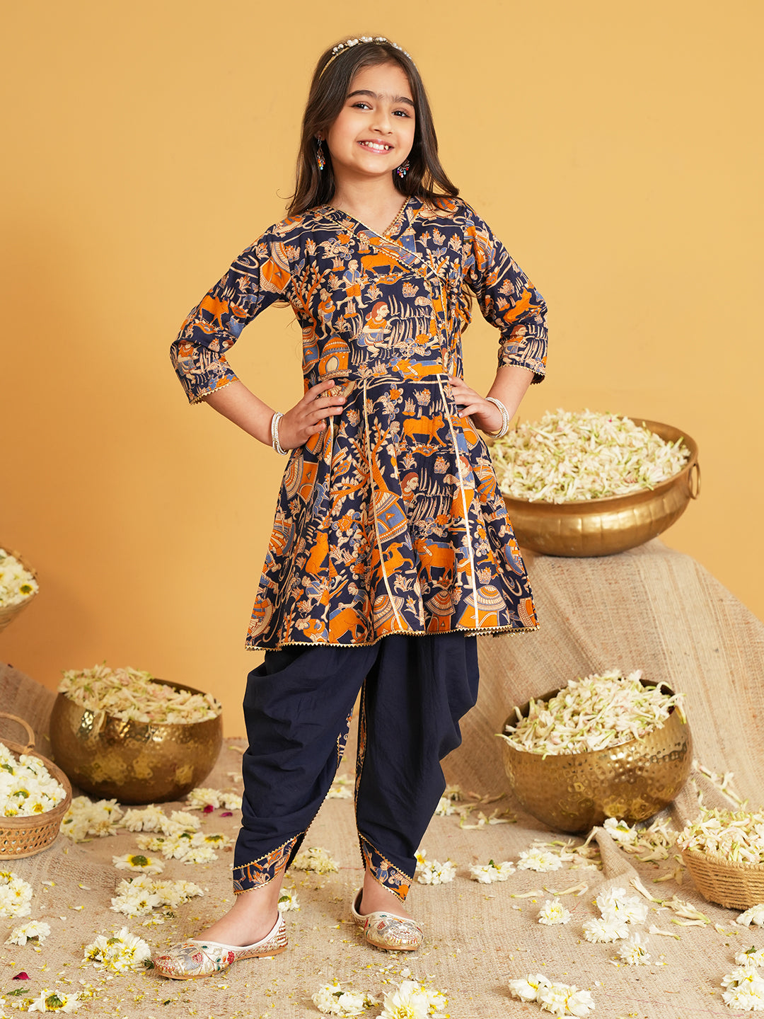 Navy Blue Printed and Lace Work Pure Cotton Kurti and Dhoti For Kids Girls