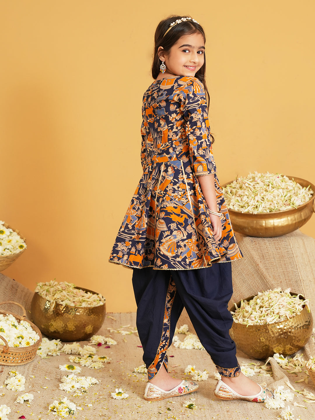Navy Blue Printed and Lace Work Pure Cotton Kurti and Dhoti For Kids Girls