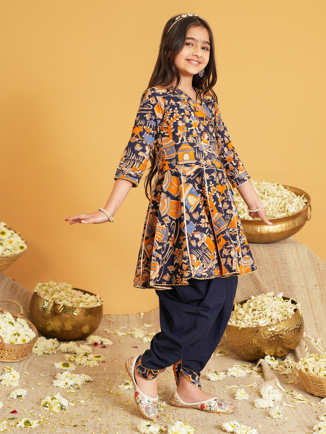 Navy Blue Printed and Lace Work Pure Cotton Kurti and Dhoti For Kids Girls