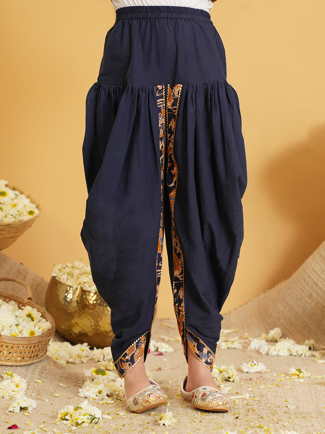 Navy Blue Printed and Lace Work Pure Cotton Kurti and Dhoti For Kids Girls