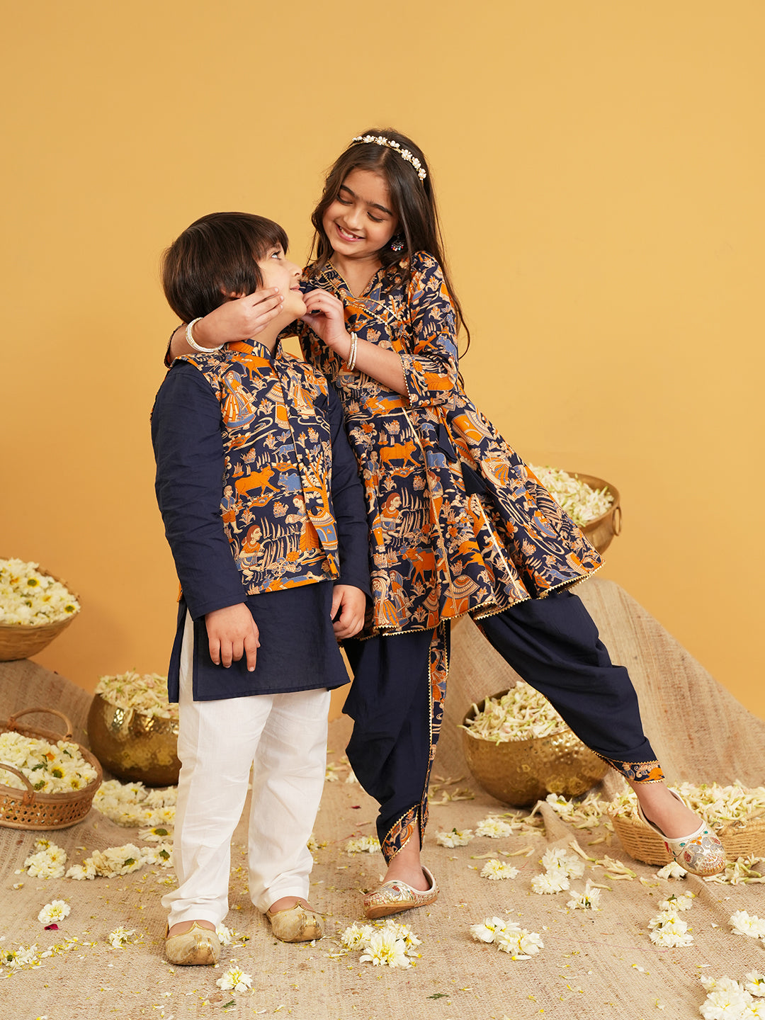Navy Blue Printed Pure Cotton Sibling Ethnic Set for Kids – Boys Kurta Pyjama with Waistcoat & Girls Kurti Dhoti with Lace Work -  - Sibling set