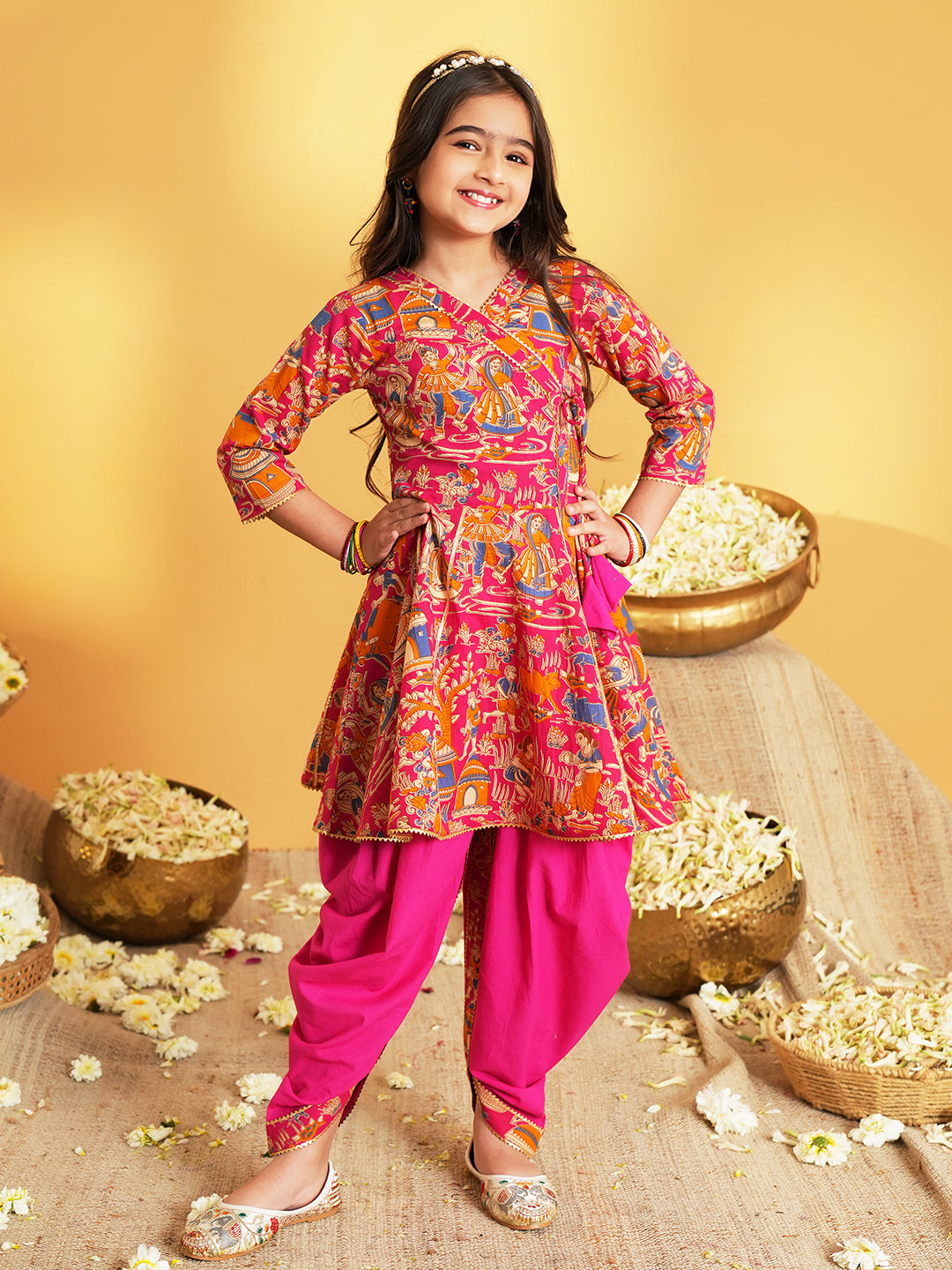 Pink Printed and Lace Work Pure Cotton Kurti and Dhoti For Kids Girls