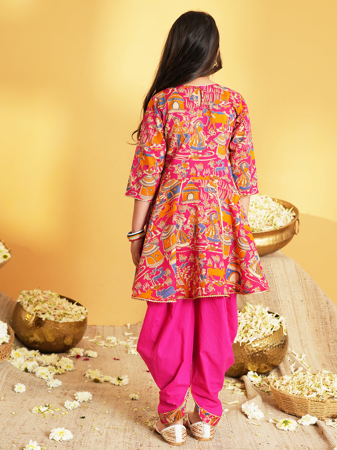 Pink Printed and Lace Work Pure Cotton Kurti and Dhoti For Kids Girls