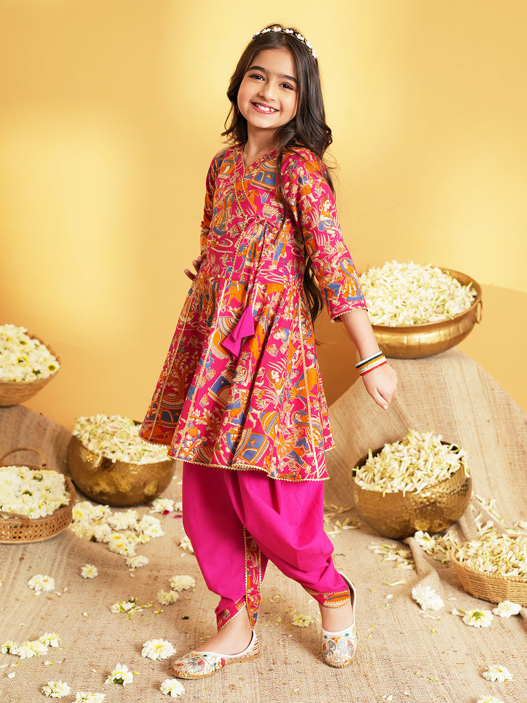 Pink Printed and Lace Work Pure Cotton Kurti and Dhoti For Kids Girls