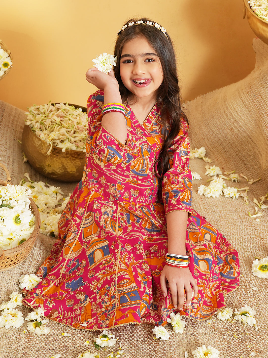 Pink Printed and Lace Work Pure Cotton Kurti and Dhoti For Kids Girls