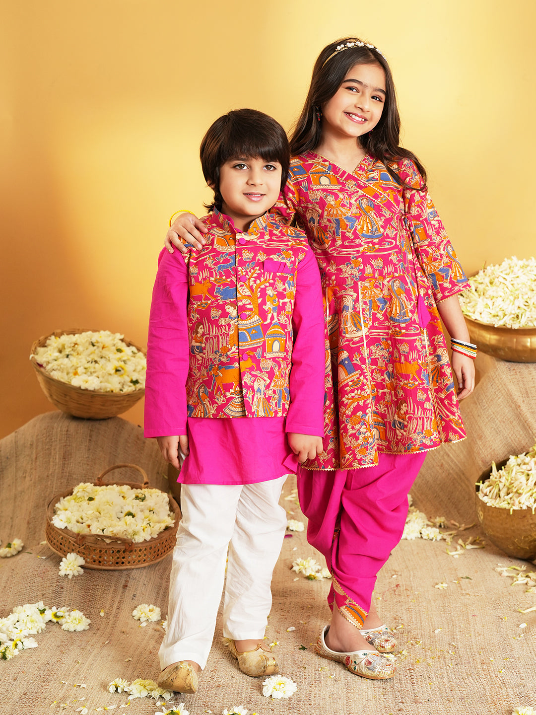 Pink Printed and Lace Work Pure Cotton Kurti and Dhoti For Kids Girls