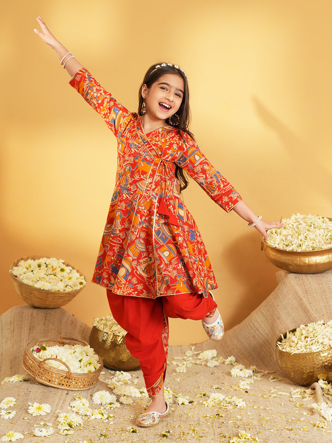 Red Printed and Lace Work Pure Cotton Kurti and Dhoti For Girls