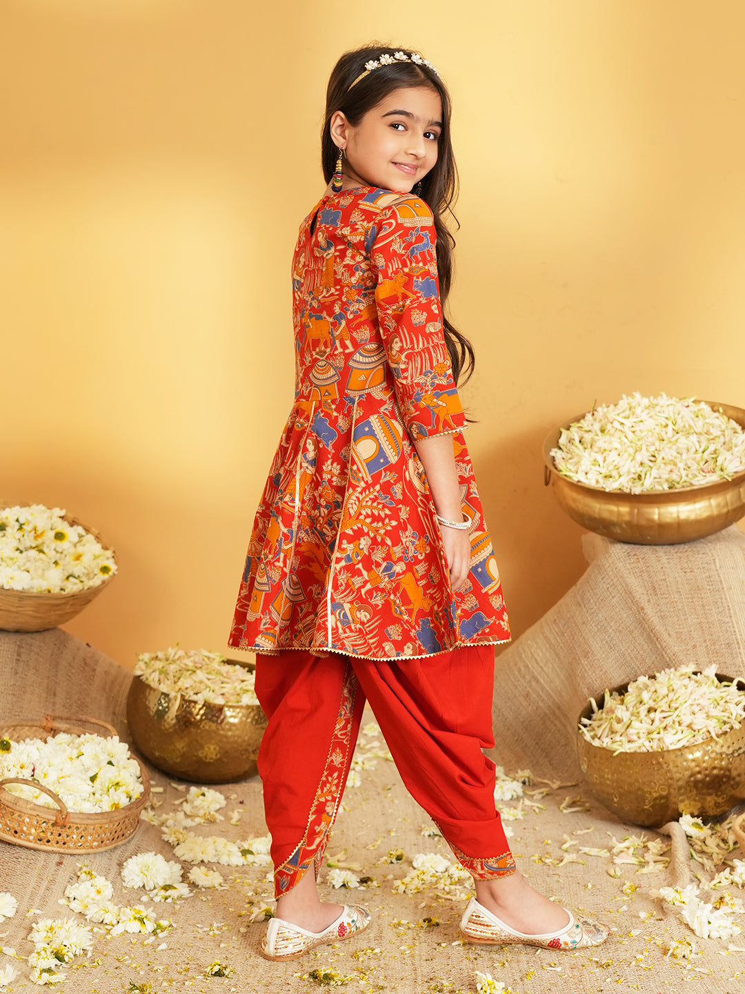 Red Printed Pure Cotton Kurta Pyjama Waist Coat Set For Boys And Kurti and Dhoti Set For Girls - Sibling set