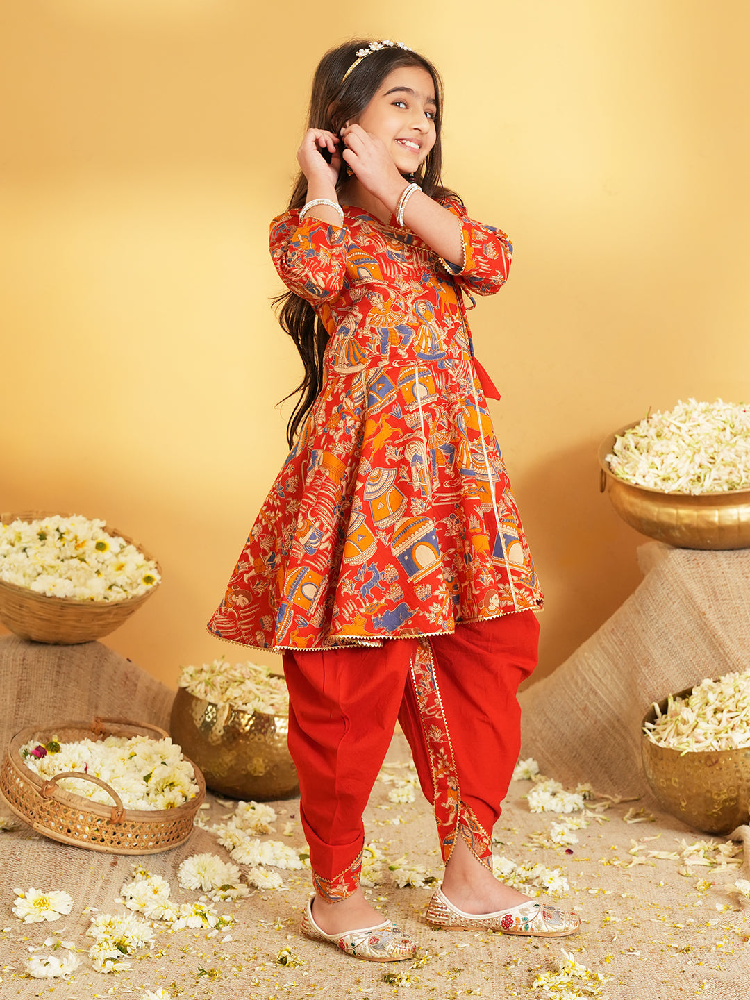 Red Printed Pure Cotton Kurta Pyjama Waist Coat Set For Boys And Kurti and Dhoti Set For Girls - Sibling set