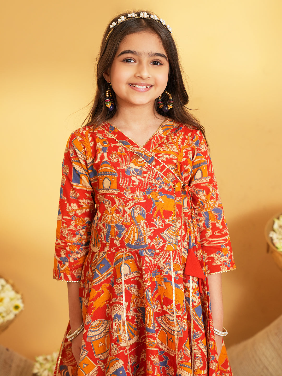 Red Printed and Lace Work Pure Cotton Kurti and Dhoti For Girls