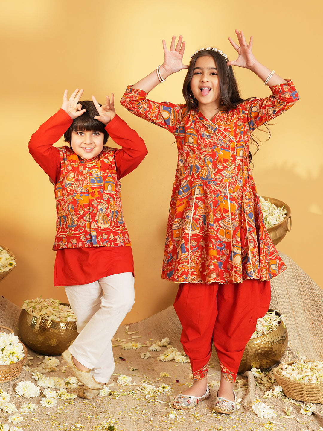 Red Printed Pure Cotton Kurta Pyjama Waist Coat Set For Boys And Kurti and Dhoti Set For Girls - Sibling set