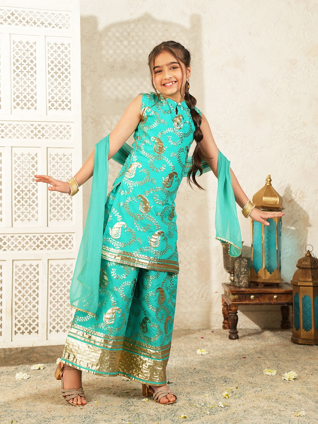 Blue Jacquard Brocade Kurti Palazzo and Dupatta For Girls
