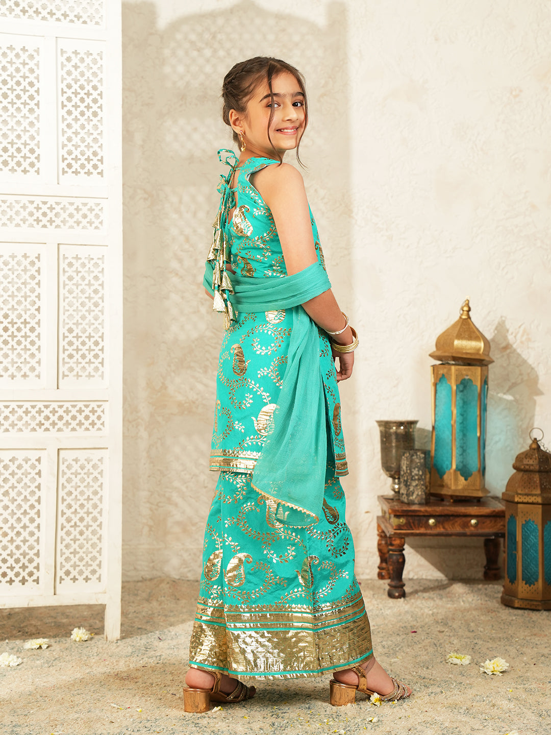 Blue Jacquard Brocade Kurti Palazzo and Dupatta For Girls