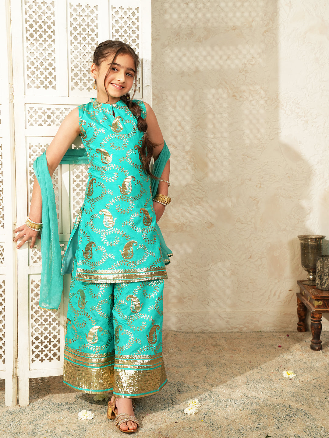 Blue Jacquard Brocade Kurti Palazzo and Dupatta For Girls