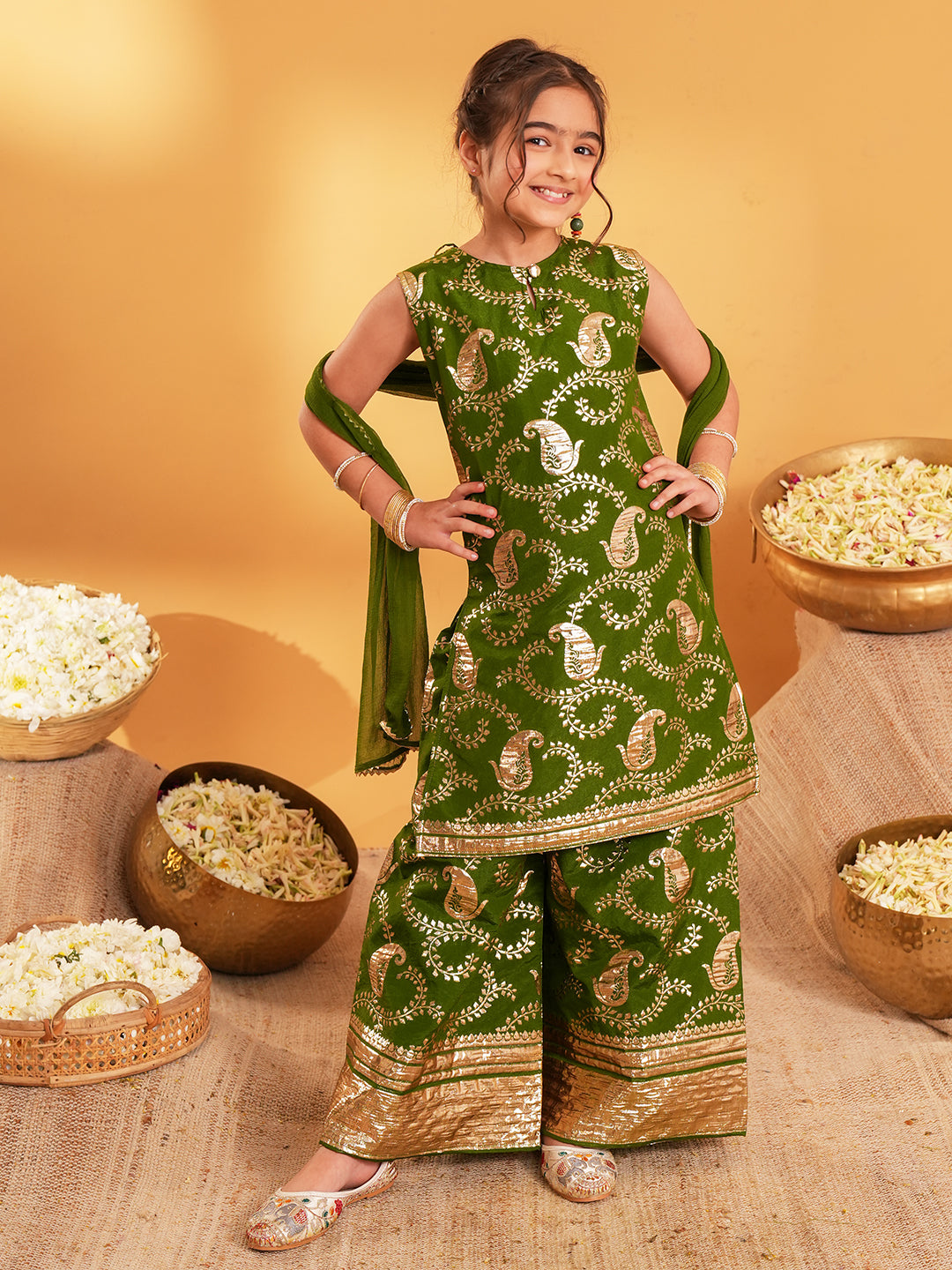 Dark Green Jacquard Brocade Kurti Palazzo and Dupatta For Girls