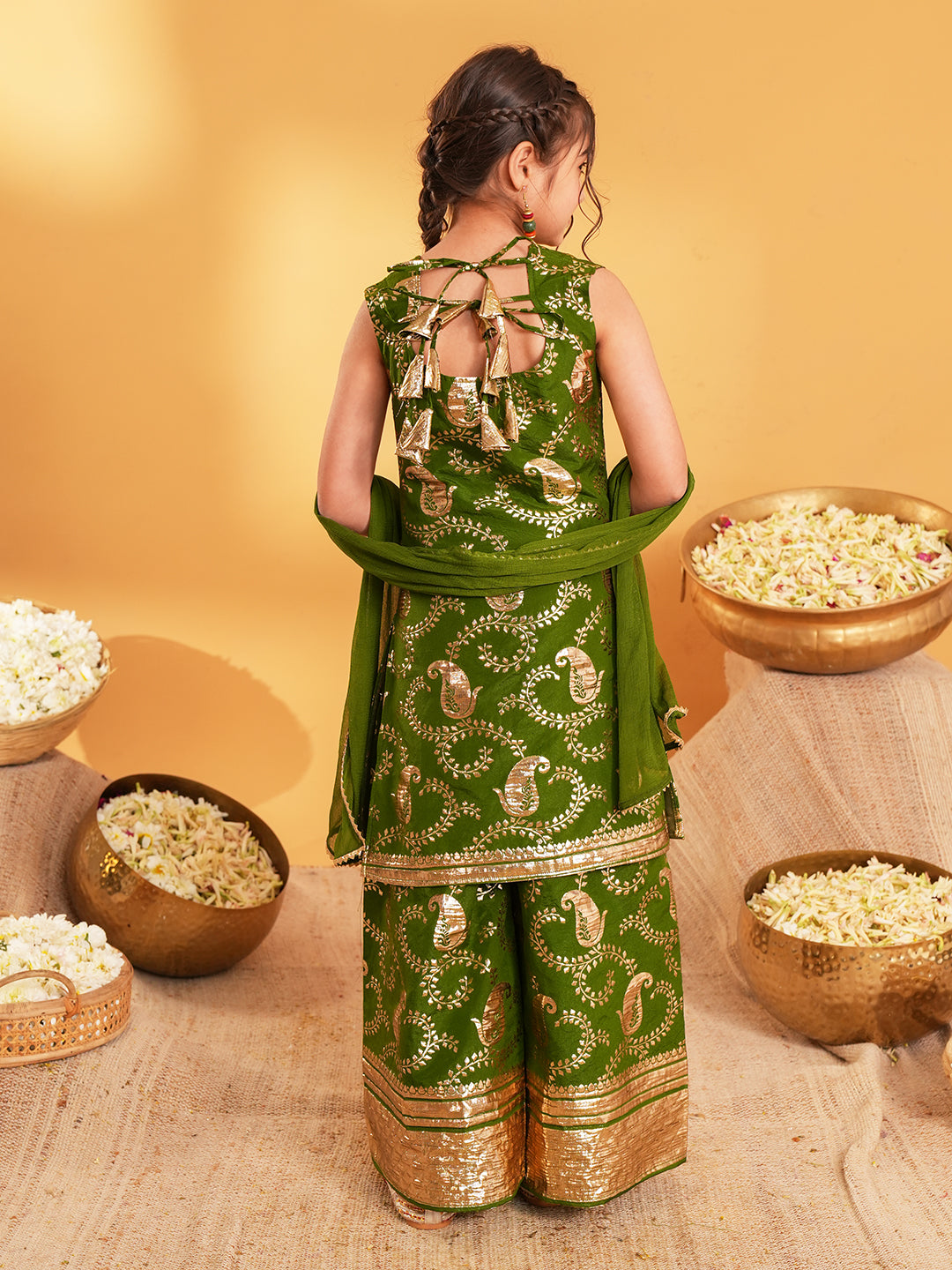 Dark Green Jacquard Brocade Kurti Palazzo and Dupatta For Girls