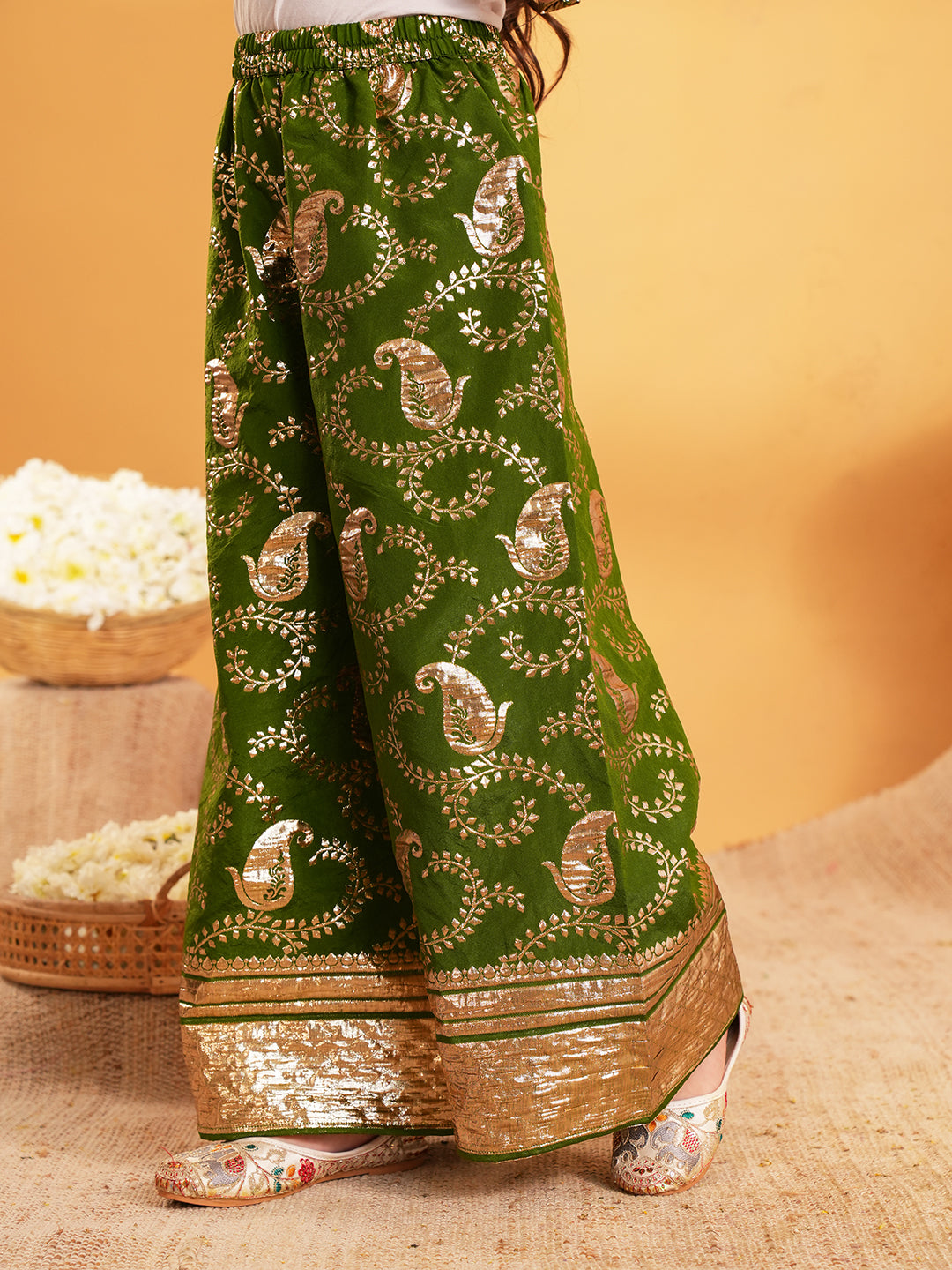 Dark Green Jacquard Brocade Kurti Palazzo and Dupatta For Girls