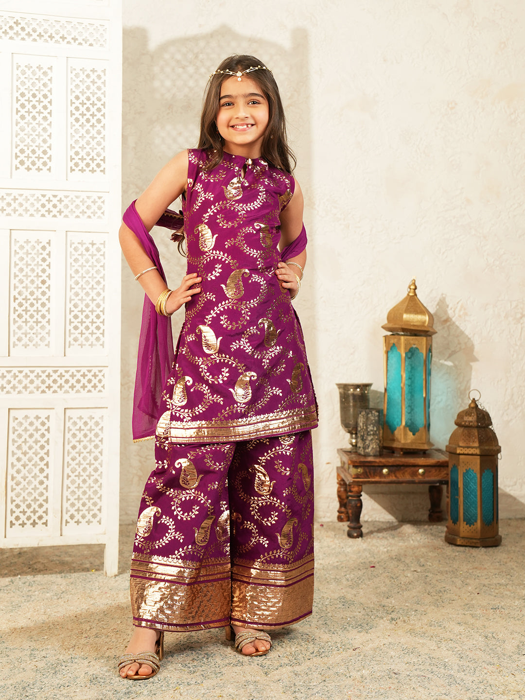 Wine Jacquard Brocade Kurti Palazzo and Dupatta For Girls