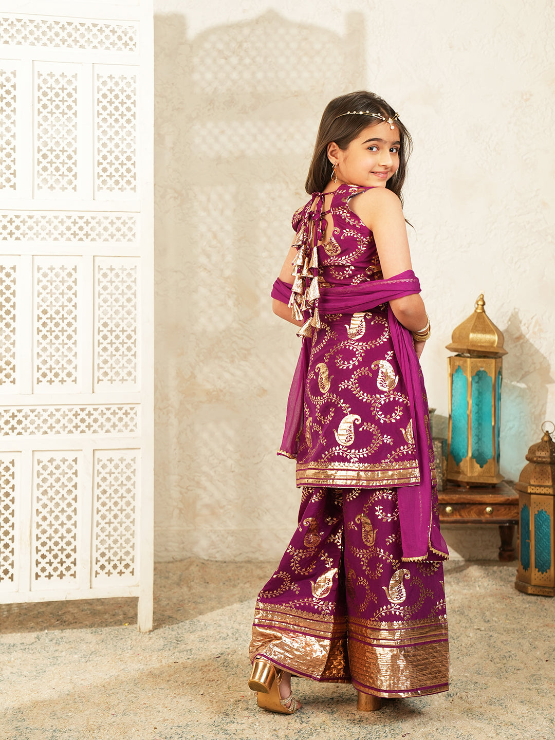 Wine Jacquard Brocade Kurti Palazzo and Dupatta For Girls