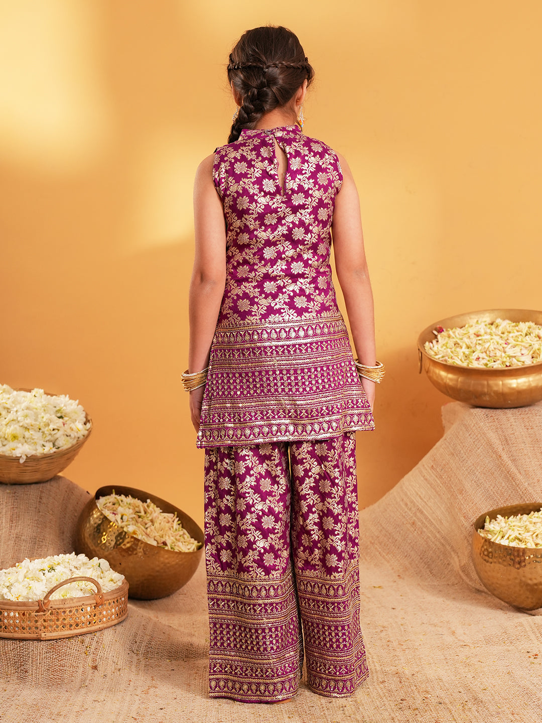 Purple Heavy Embroidered Brocade Kurti and Palazzo For Girls