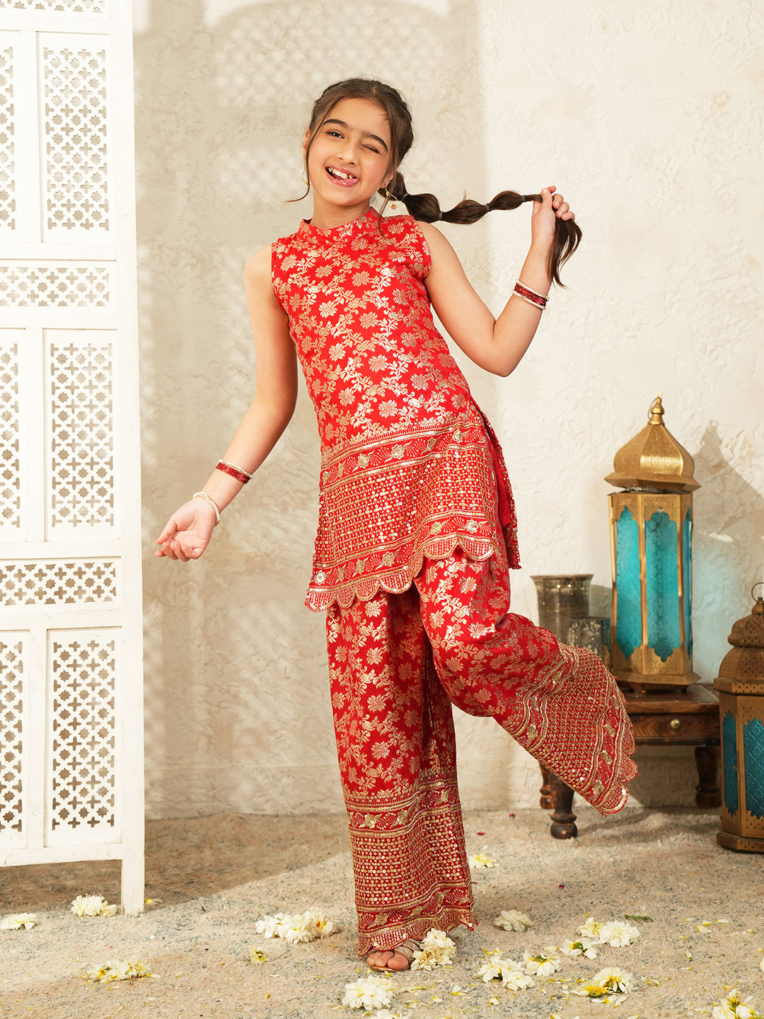 Red Heavy Embroidered Brocade Kurti and Palazzo For Girls