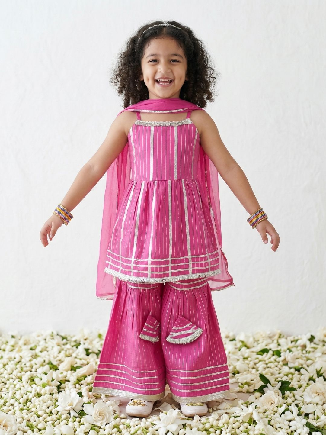 Pink Lurex Work Sleeveless Cotton Kurti Sharara With Dupatta Set For Kids Girls