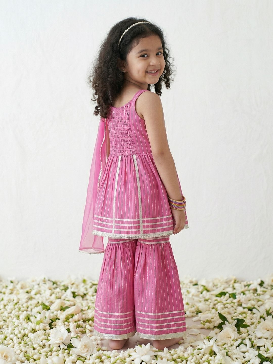 Pink Lurex Work Sleeveless Cotton Kurti Sharara With Dupatta Set For Kids Girls