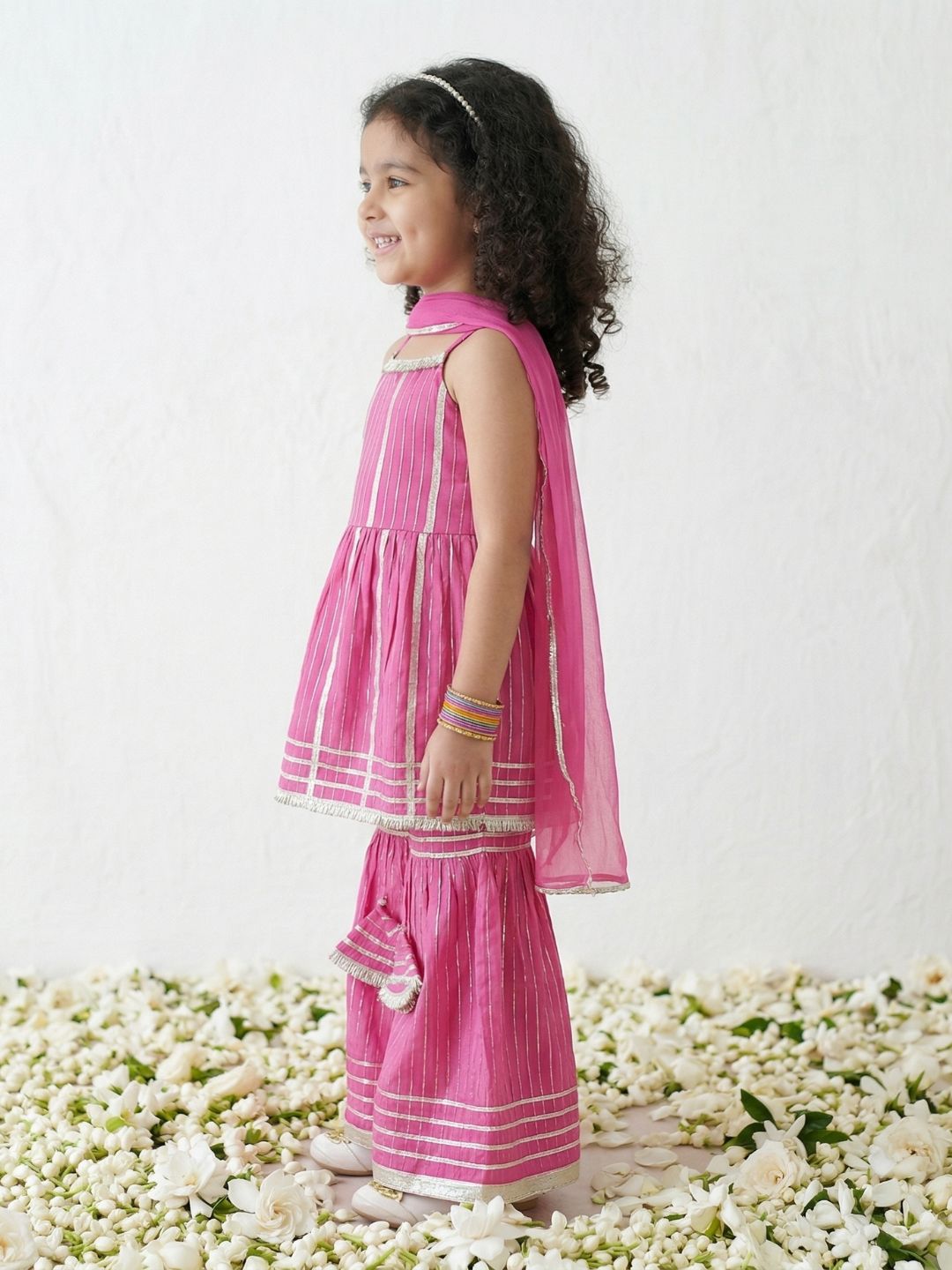 Pink Lurex Work Sleeveless Cotton Kurti Sharara With Dupatta Set For Kids Girls