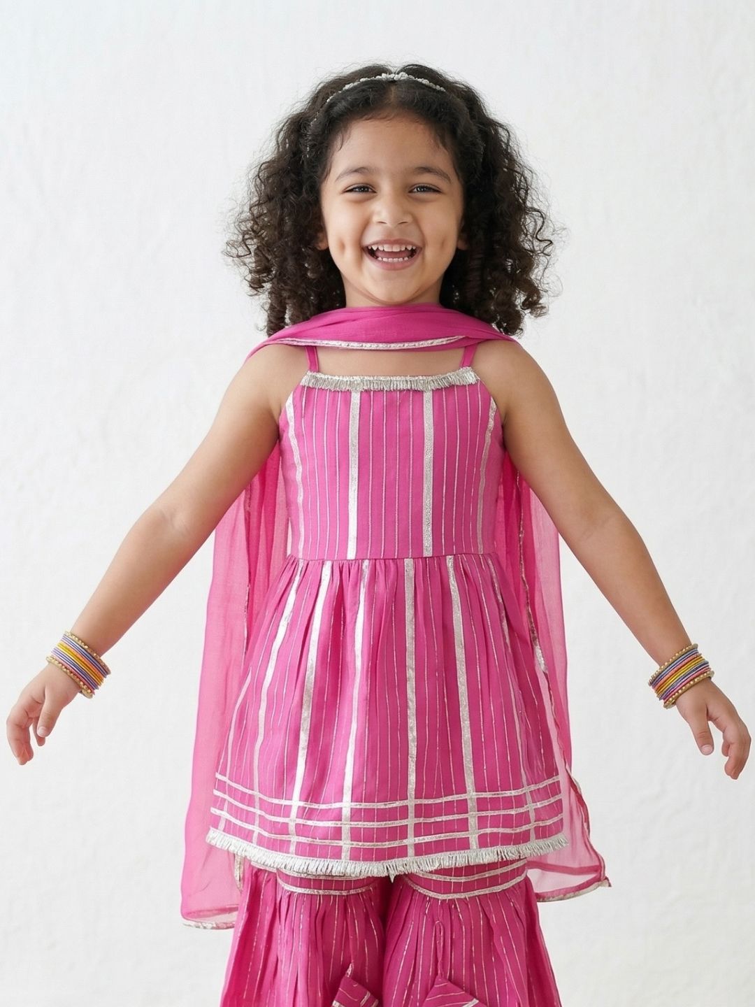 Pink Lurex Work Sleeveless Cotton Kurti Sharara With Dupatta Set For Kids Girls