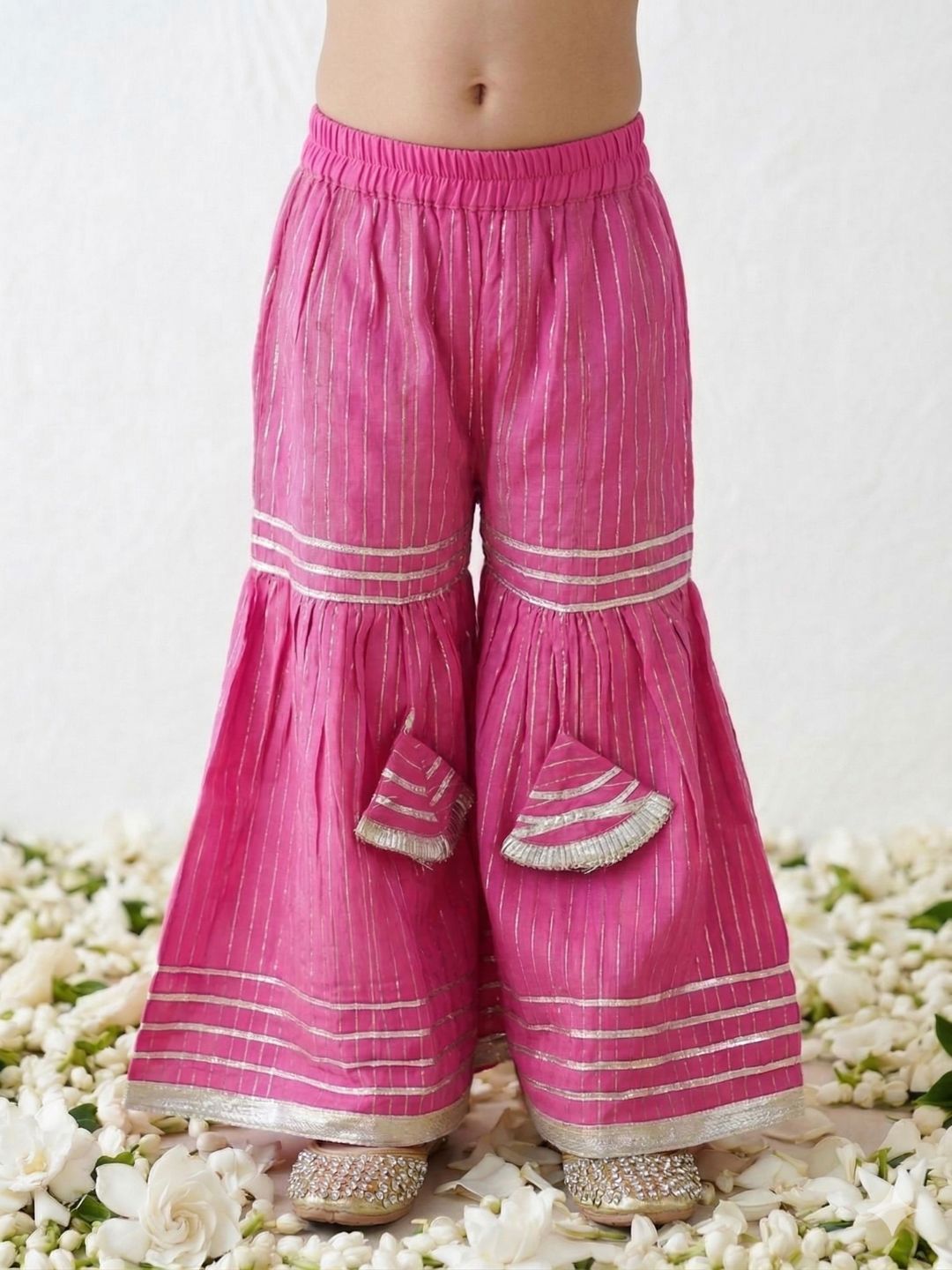 Pink Lurex Work Sleeveless Cotton Kurti Sharara With Dupatta Set For Kids Girls