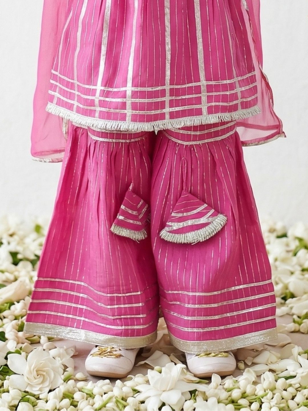 Pink Lurex Work Sleeveless Cotton Kurti Sharara With Dupatta Set For Kids Girls