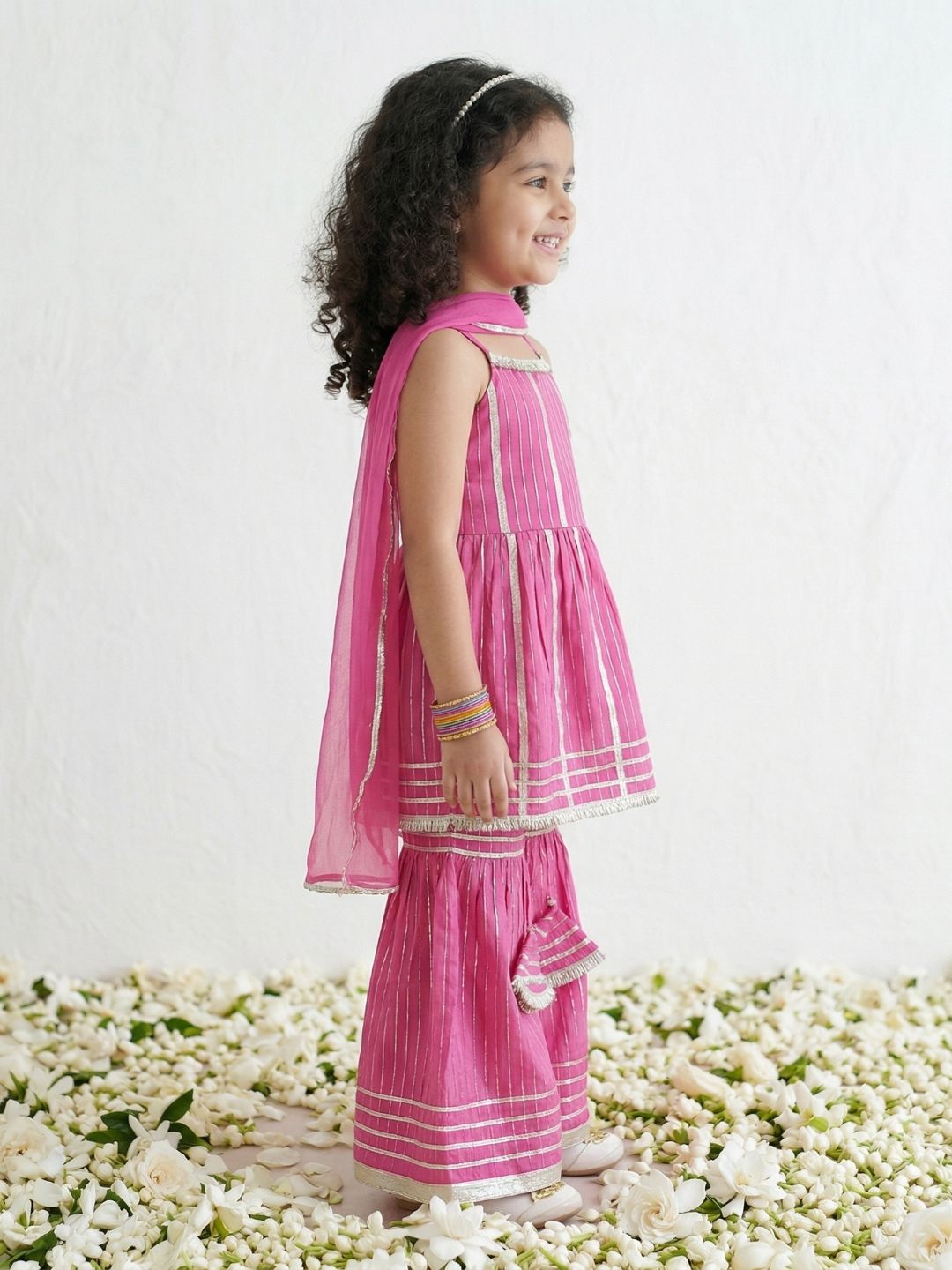 Pink Lurex Work Sleeveless Cotton Kurti Sharara With Dupatta Set For Kids Girls