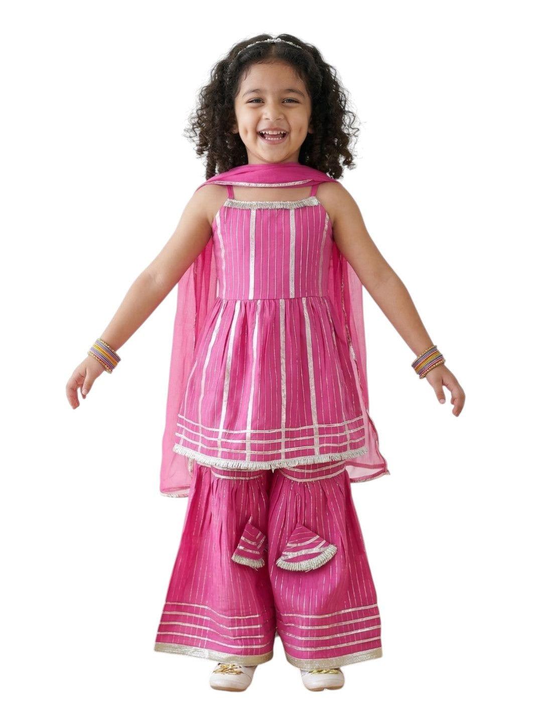 Pink Lurex Work Sleeveless Cotton Kurti Sharara With Dupatta Set For Kids Girls