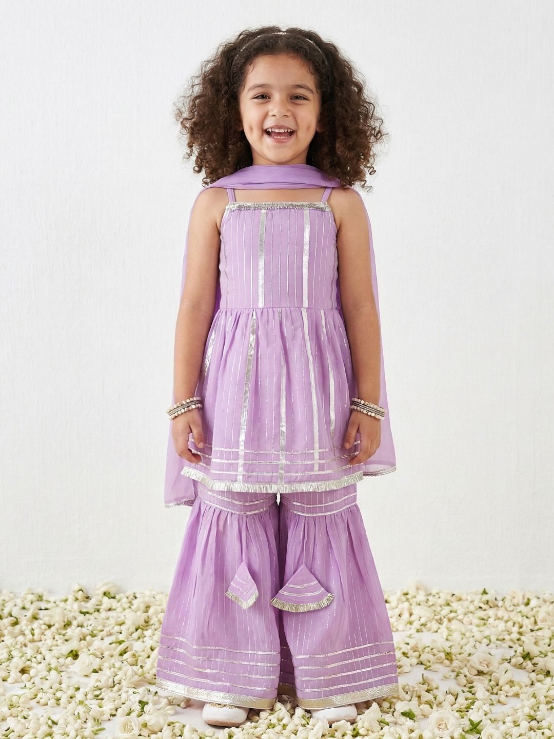 Purple Lurex Work Sleeveless Cotton Kurti Sharara With Dupatta Set For Kids Girls
