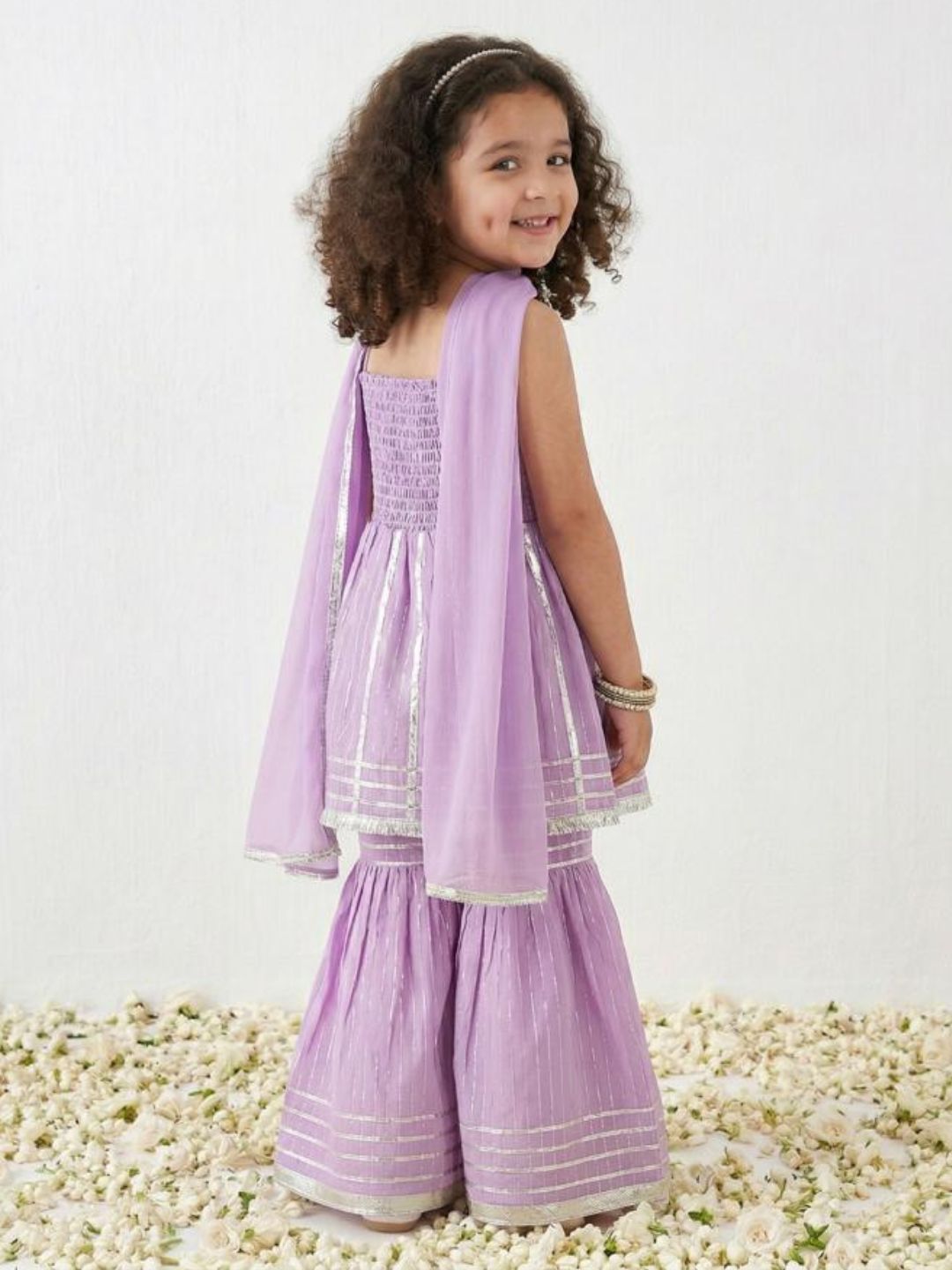Purple Lurex Work Sleeveless Cotton Kurti Sharara With Dupatta Set For Kids Girls