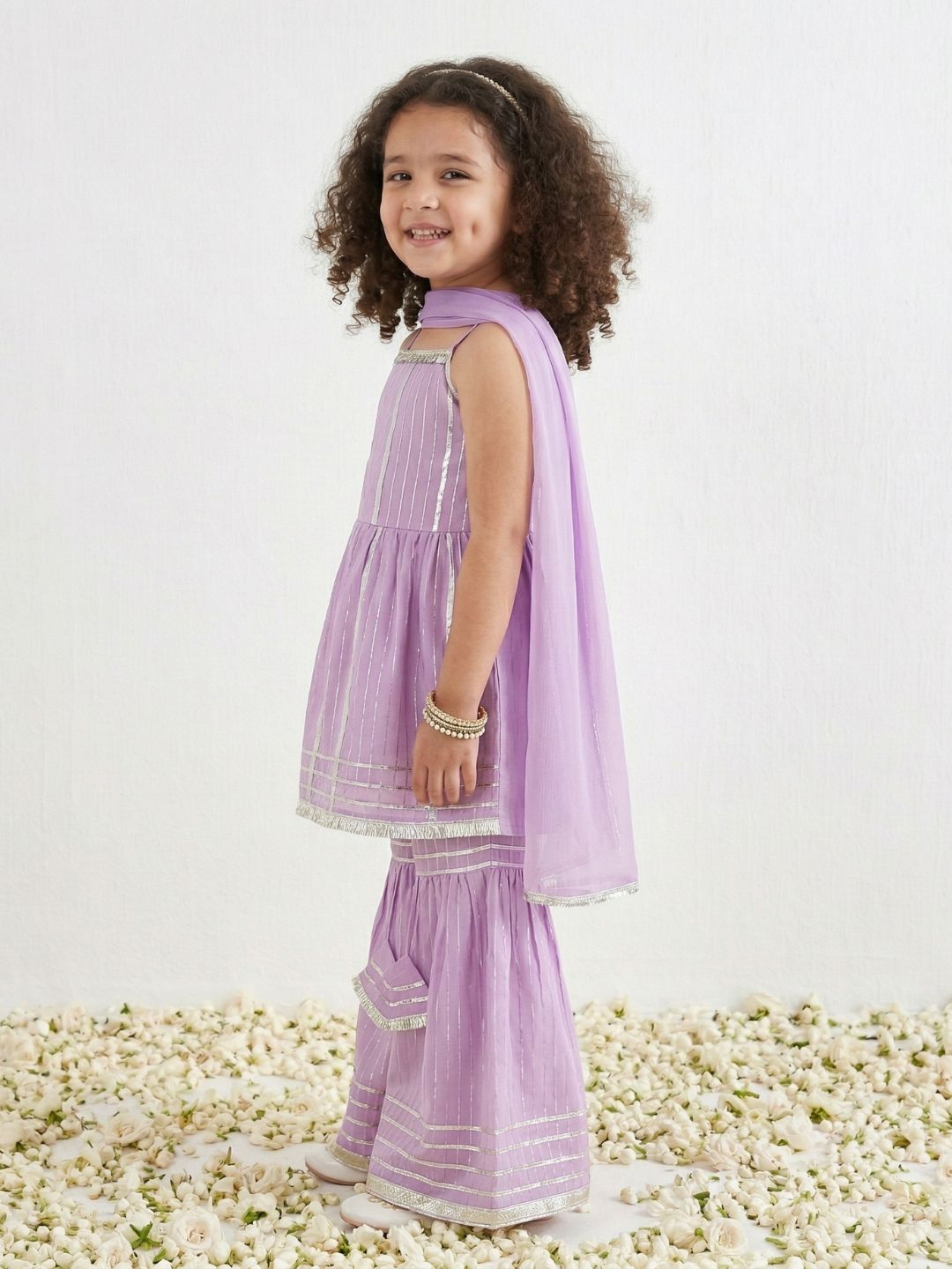 Purple Lurex Work Sleeveless Cotton Kurti Sharara With Dupatta Set For Kids Girls