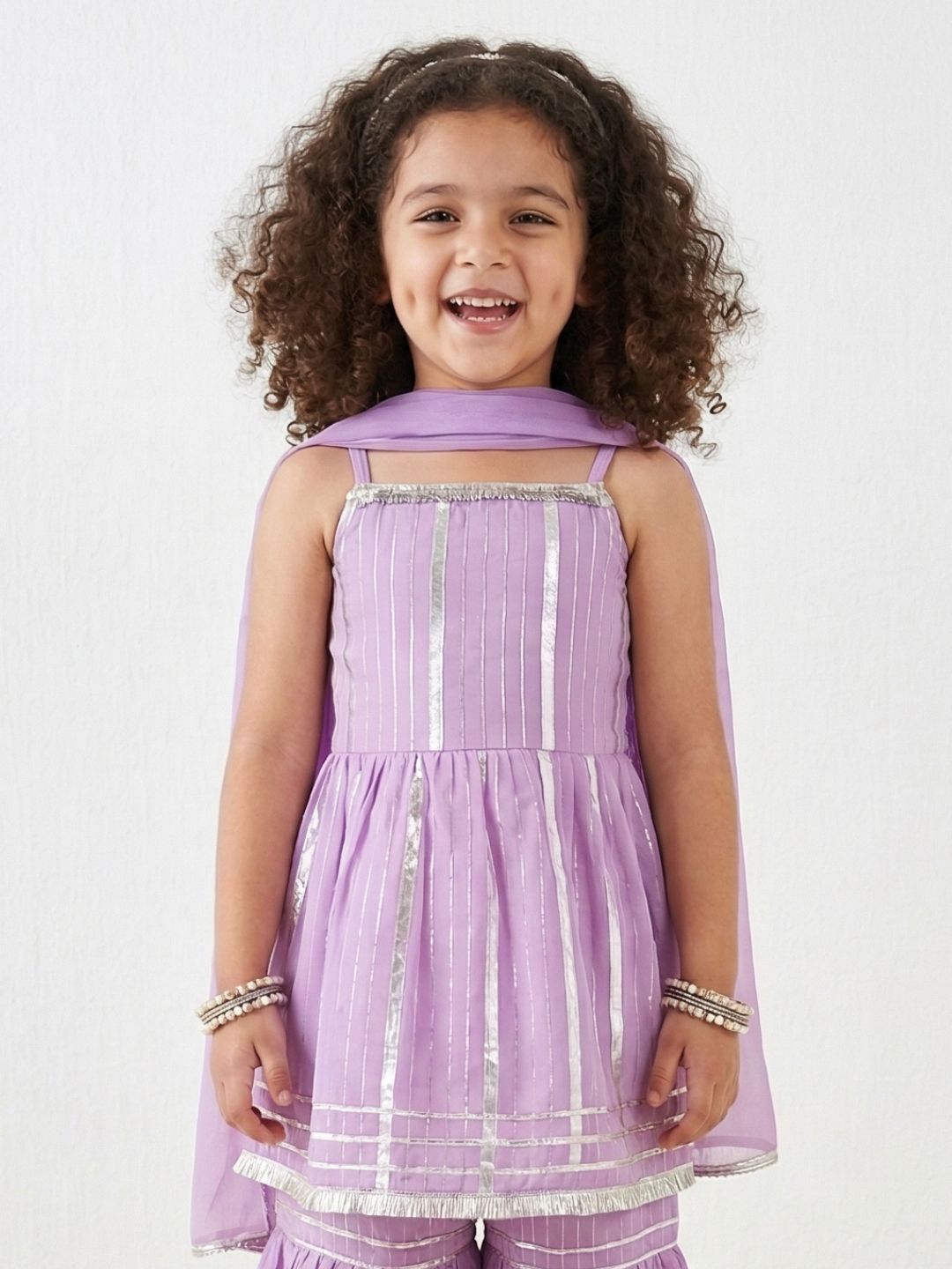 Purple Lurex Work Sleeveless Cotton Kurti Sharara With Dupatta Set For Kids Girls