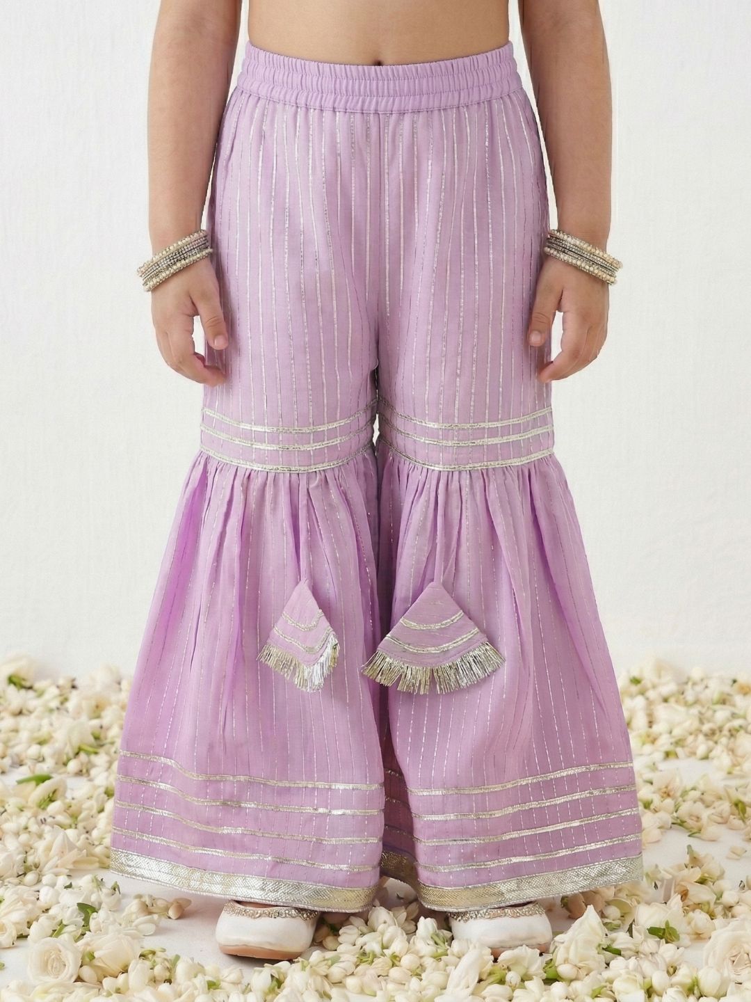 Purple Lurex Work Sleeveless Cotton Kurti Sharara With Dupatta Set For Kids Girls